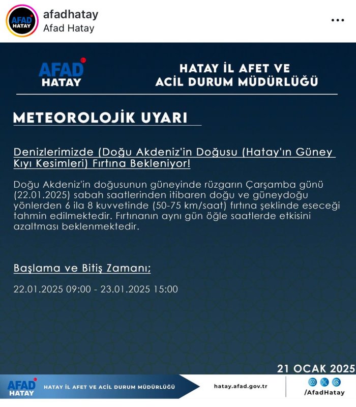 AFAD’DAN HATAY’A FIRTINA UYARISI