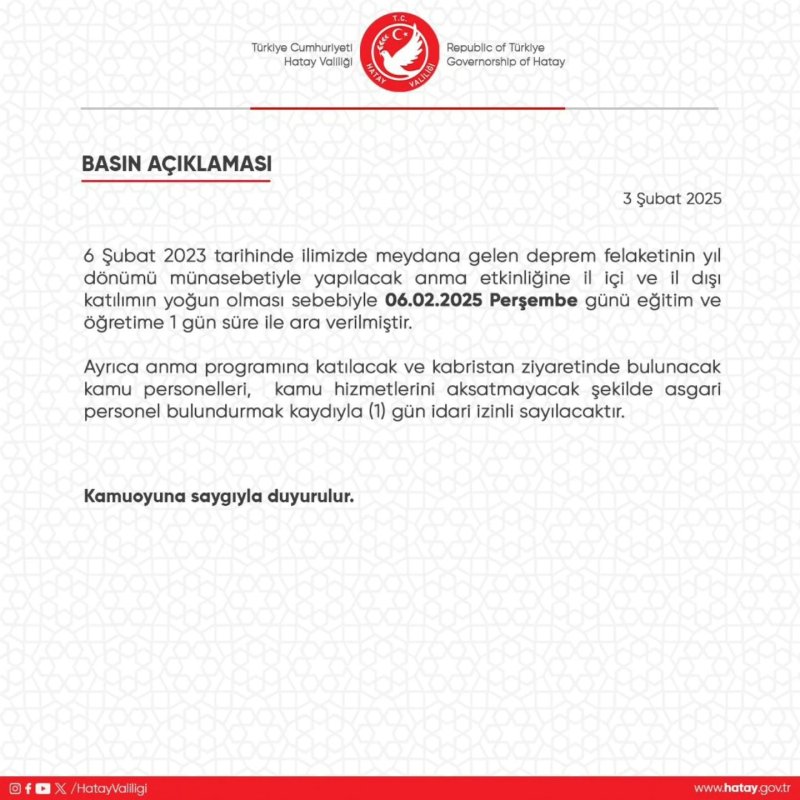 Hatay’da 6 Şubat’ta okullar tatil edildi