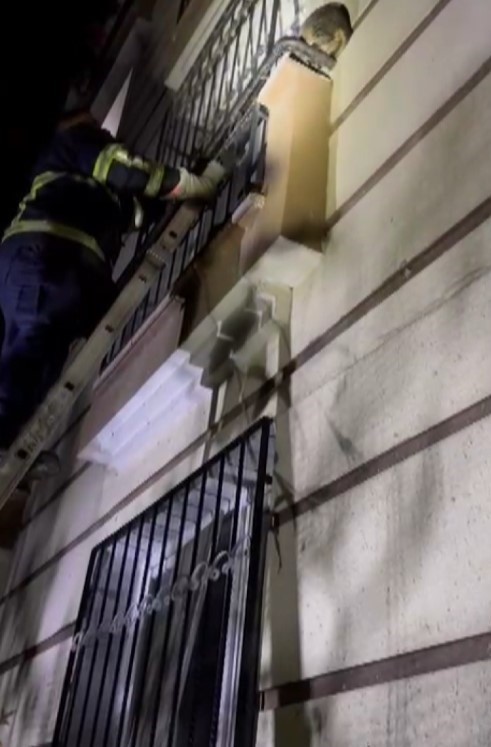 Balkonda mahsur kalan kediyi itfaiye kurtardı