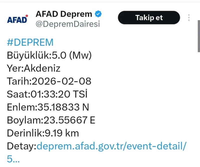 AKDENİZ’DE 5.0 BÜYÜKLÜĞÜNDE DEPREM