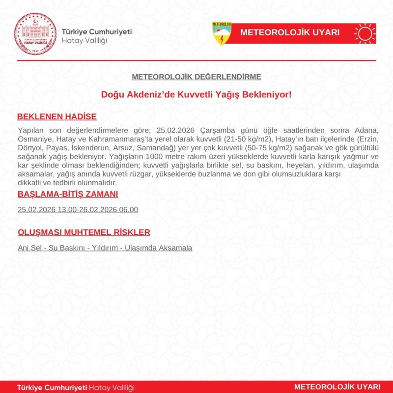 HATAY VALİLİĞİ UYARDI: KUVVETLİ YAĞIŞA DİKKAT