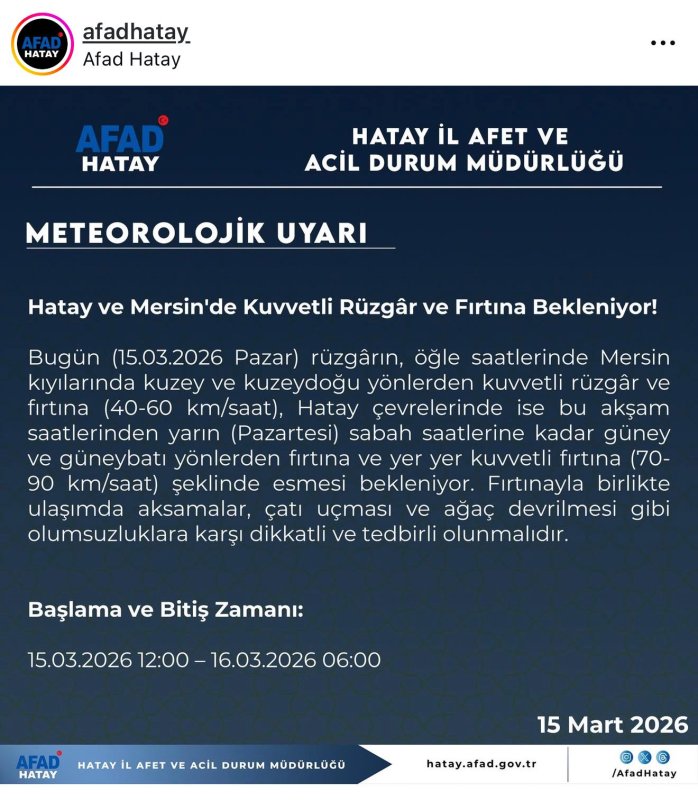 AFAD HATAY’A FIRTINA UYARISI YAPTI