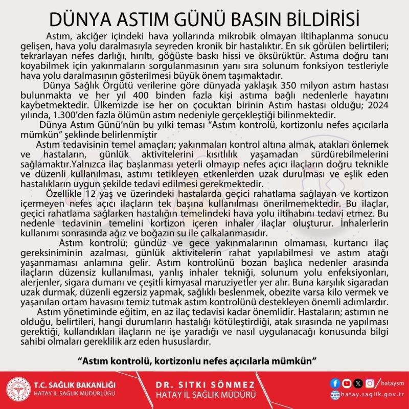 İL MÜDÜRÜ SÖNMEZ’DEN DÜNYA ASTIM GÜNÜ UYARISI