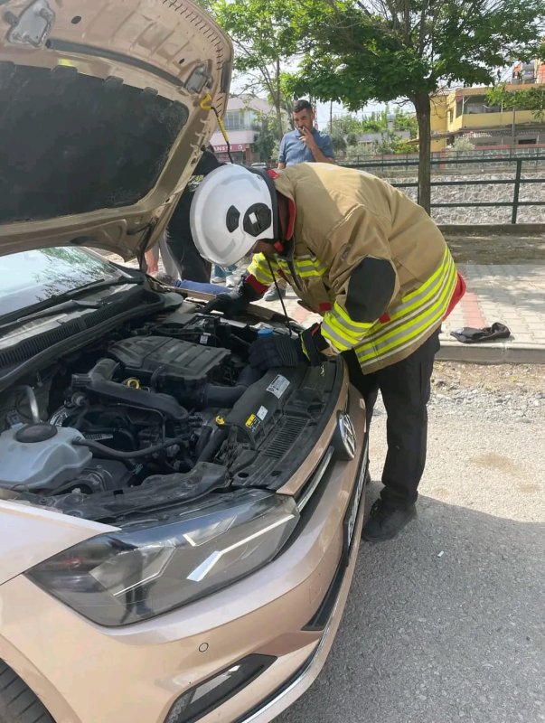 Aracın kaputuna giren yavru kediyi itfaiye kurtardı