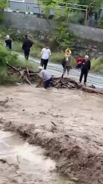 Odun uğruna canını hiçe sayarak dereye giren vatandaşın o anları kamerada