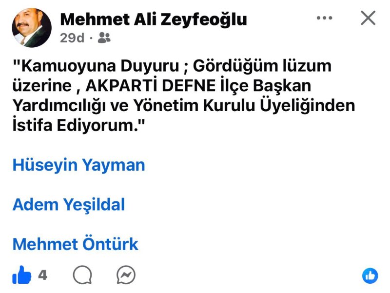 AK PARTİ DEFNE İLÇE YÖNETİMİNDE İSTİFA