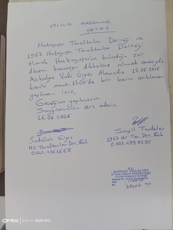 Hatayspor Taraftarlar Derneği ile 1967 Taraftarlar Derneği, Hatayspor’un geleceğine ilişkin kamuoyunun dikkatini çekmek amacıyla basın açıklaması düzenleyeceklerini duyurdu.