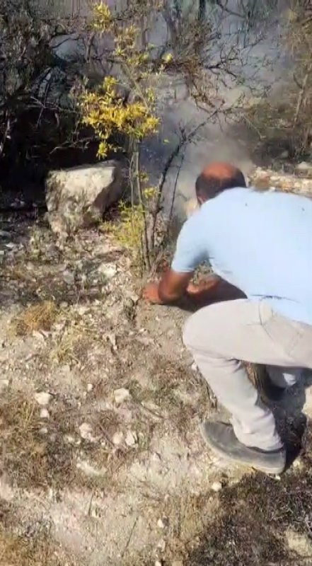 Avuçlarına doldurdukları toprakla yangını söndürmeye çalışan vatandaşlar takdir topladı