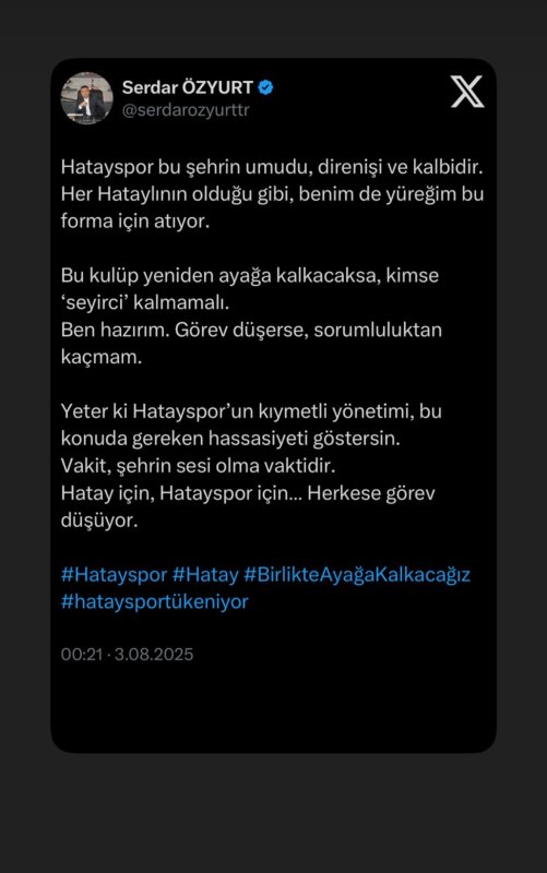 SERDAR ÖZYURT’TAN HATAYSPOR’A DESTEK ÇAĞRISI