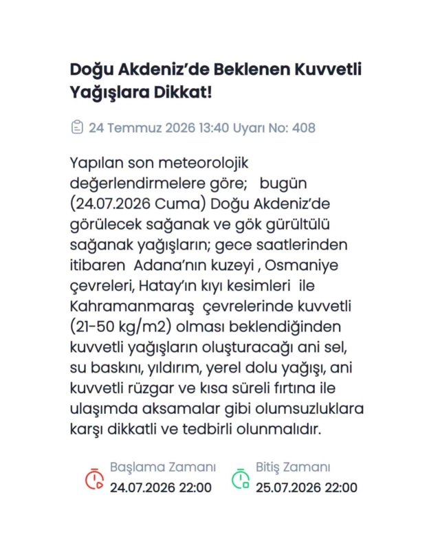 METEOROLOJİ'DEN HATAY İÇİN KUVVETLİ YAĞIŞ UYARISI