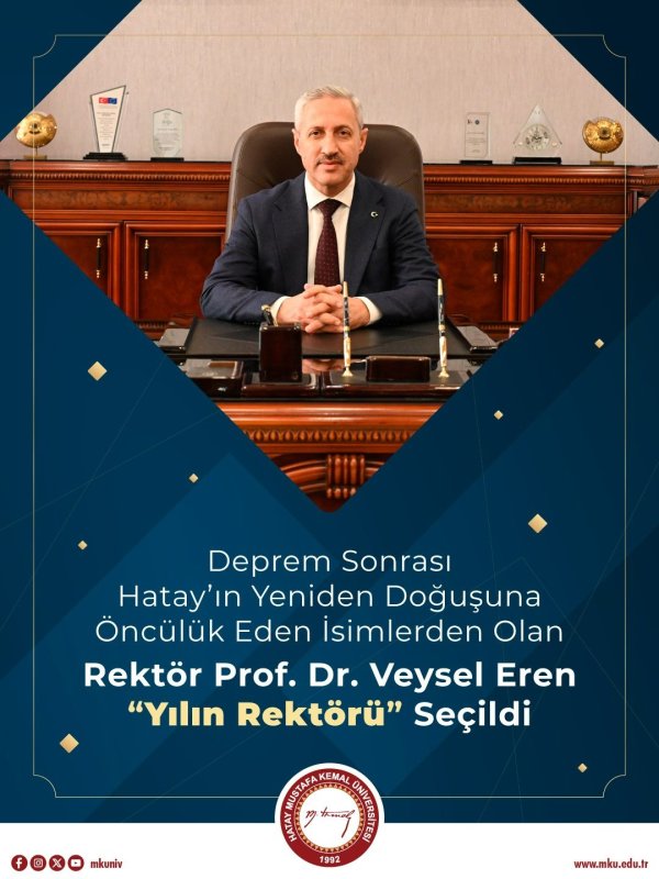 SADULLAH ERGİN: “BU YILIN ENLERİ, HATAY’IN UMUDUNUN HİKÂYESİDİR” Ergin Medya Yönetim Kurulu Başkanı Sadullah Ergin, projenin bu yılki temasını “vefa ve yeniden doğuş” olarak tanımladı. Ergin, “Bu proje yalnızca bir ödül çalışması değil, aynı zamanda Hatay’ın yeniden doğuş hikâyesidir. Bu hikâyenin kahramanları, kentini terk etmeyip umudu bilimle, emekle ve dayanışmayla yeniden kuranlardır. Prof. Dr. Veysel Eren de bu hikâyenin en anlamlı simalarından biridir” dedi. Eylül ayında başlayan proje, Aralık ayında tamamlanarak hem basılı dergi hem de dijital platformlarda Hatay kamuoyu ile paylaşılacak. Rektör Prof. Dr. Veysel Eren, aldığı ödüle ilişkin yaptığı değerlendirmede, başarıyı bireysel değil toplumsal bir kazanım olarak gördüğünü belirterek, “Bu ödül, yalnızca bana değil; depremin ardından yeniden ayağa kalkan, öğrencisinden personeline kadar aynı idealde birleşen büyük HMKÜ ailesine ve Hatay halkına aittir. Biz, bilimle ve inançla küllerimizden doğduk." ifadelerini kullandı.