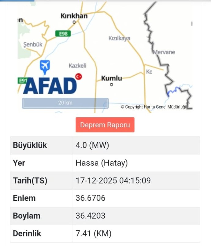 Hatay'da 4.0 şiddetinde deprem meydana geldi 