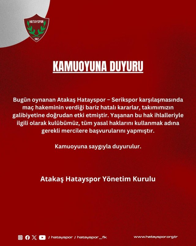 HATAYSPOR’DAN HAKEM KARARLARINA SERT TEPKİ