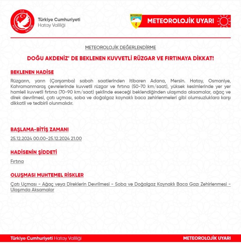 HATAY İÇİN ŞİDDETLİ FIRTINA UYARISI