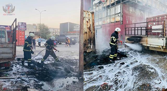 Antakya’da kamyonette başlayan yangın malzeme dolu konteynıra sıçradı