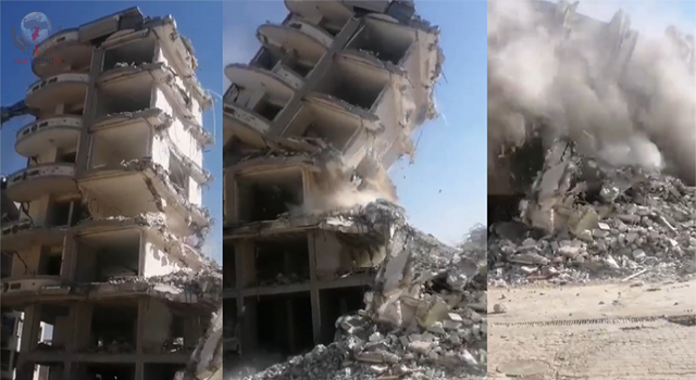 Mahkeme süreci sona eren 7 katlı binanın iş makinesinin darbesiyle yıkıldığı anlar kamerada