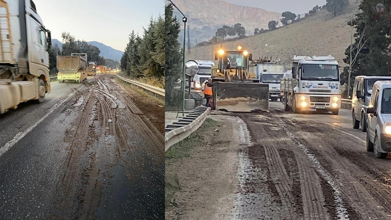 Yola dökülen zeytin posası ekipler tarafından temizlendi