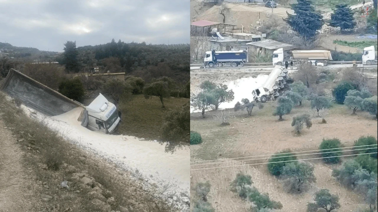 Antakyada çakıl yüklü kamyon zeytin bahçesine uçtu