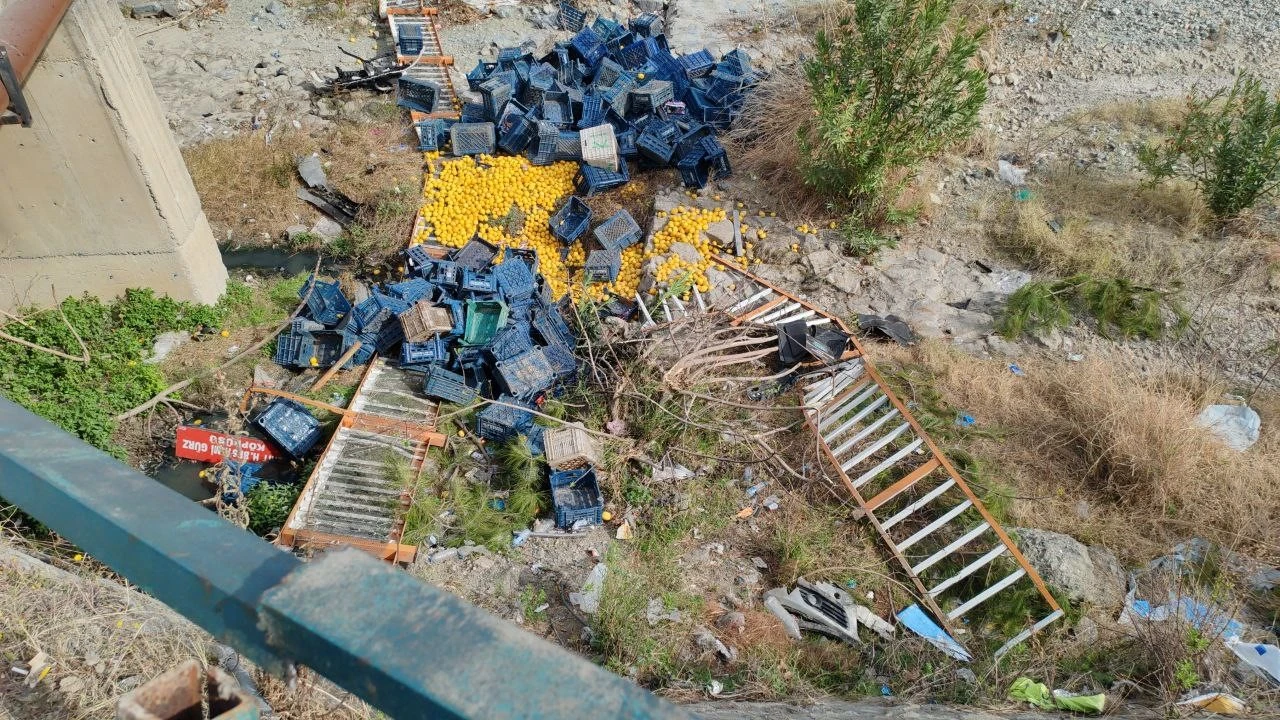 Erzinde limon yüklü kamyonet çarpışmayla dereye devrildi