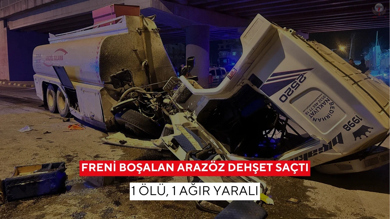 Freni patlayan arazöz otomobile ve üst geçit duvarına çarptı: 1 ölü, 1 yaralı