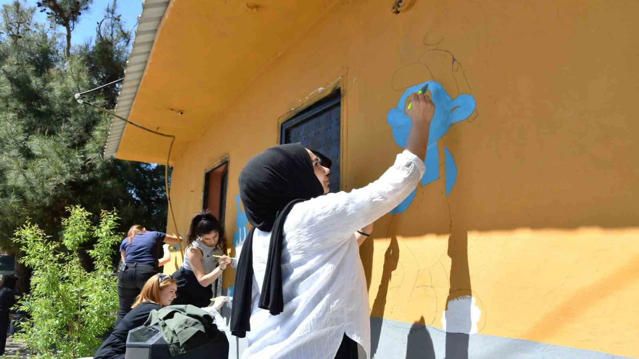 Köy okulunun duvarlarını boyadılar