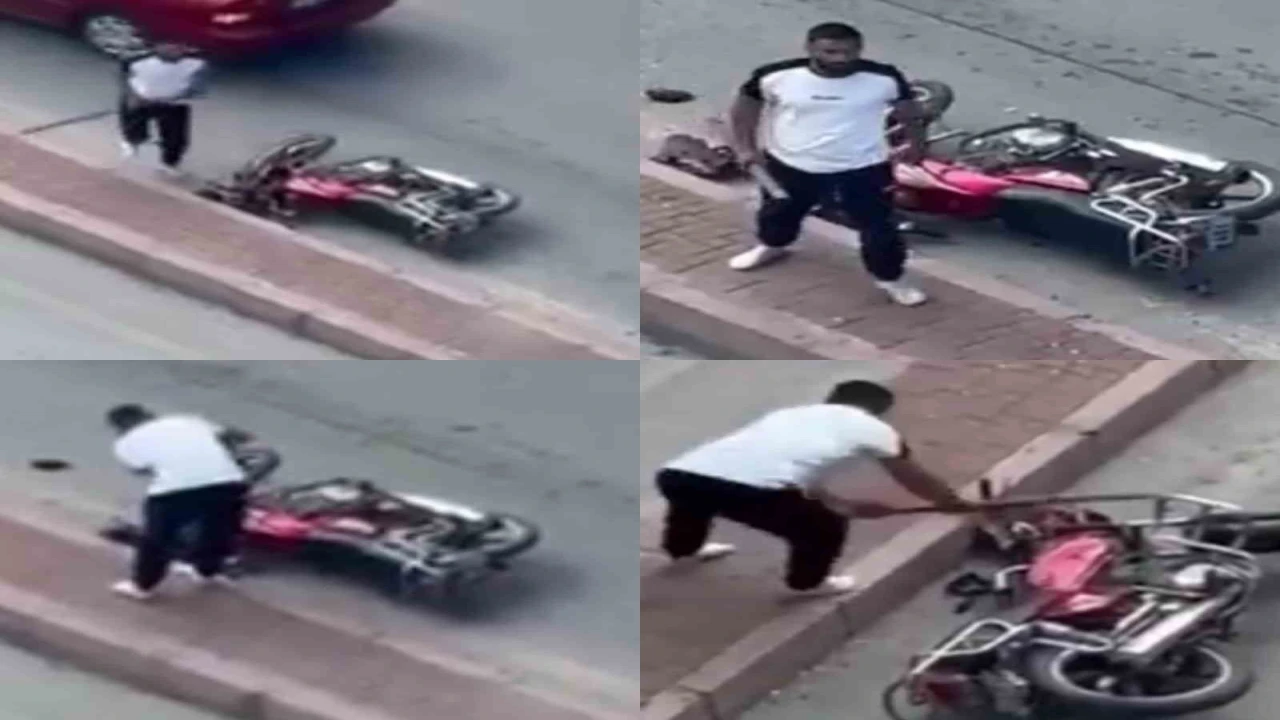 Trafikte tartıştığı sürücünün motosikletine zarar verdi, o anlar kameraya yansıdı