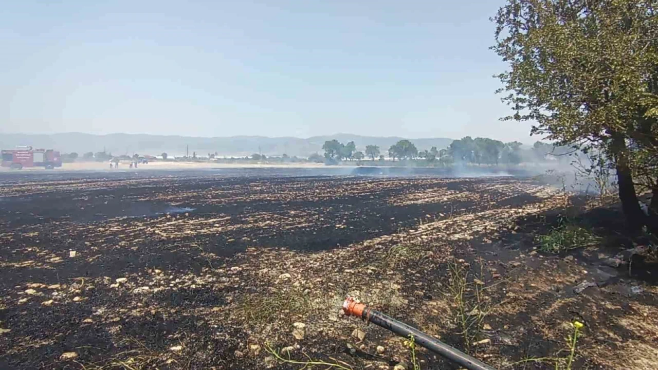 Burdurda arazide çıkan yangında 10 dönüm anız, saman balyaları ve sulama boruları zarar gördü