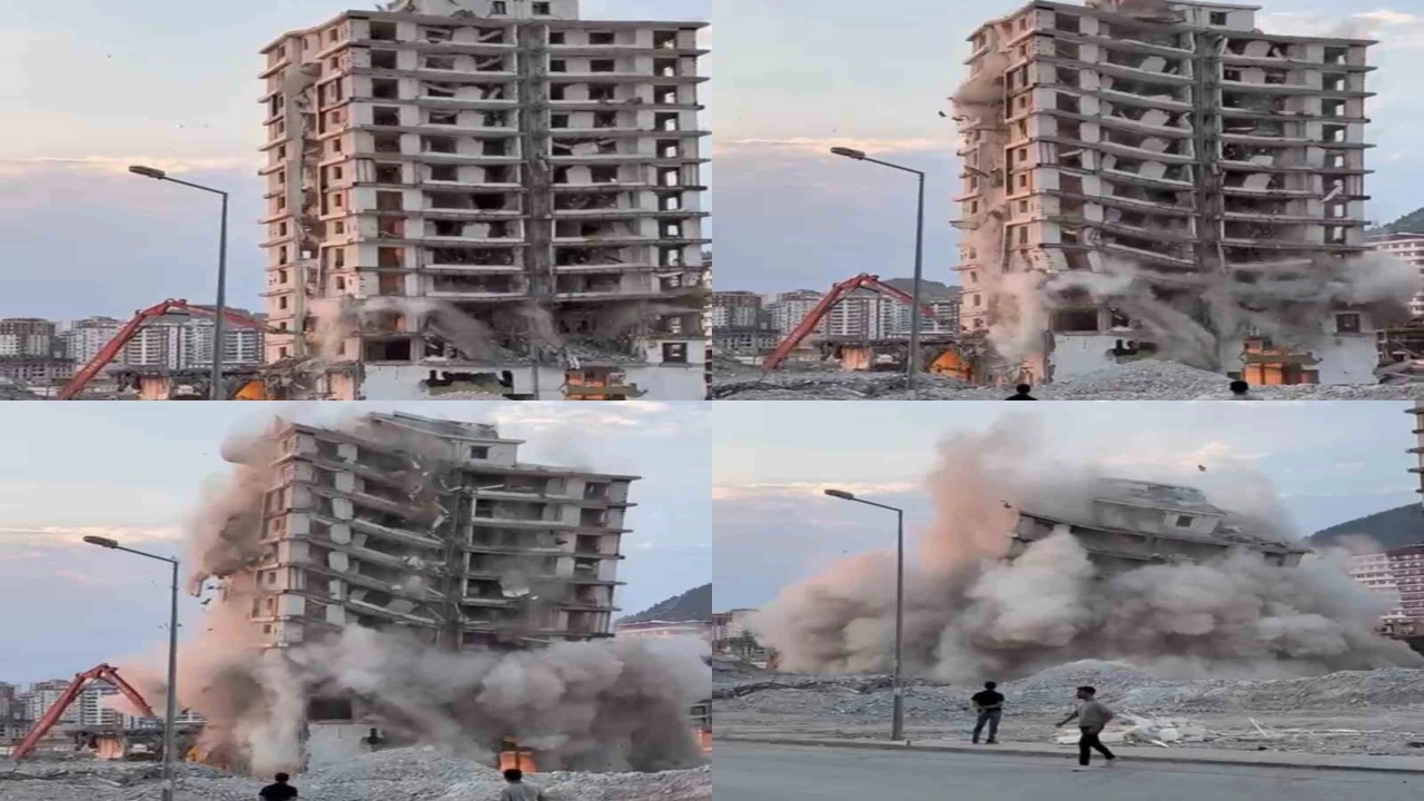 Kahramanmaraşta yıkımı yapılan binanın çökme anı kameraya yansıdı
