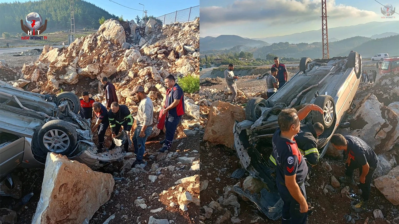 Hatay’da araç kayalıklara çarparak durabildi