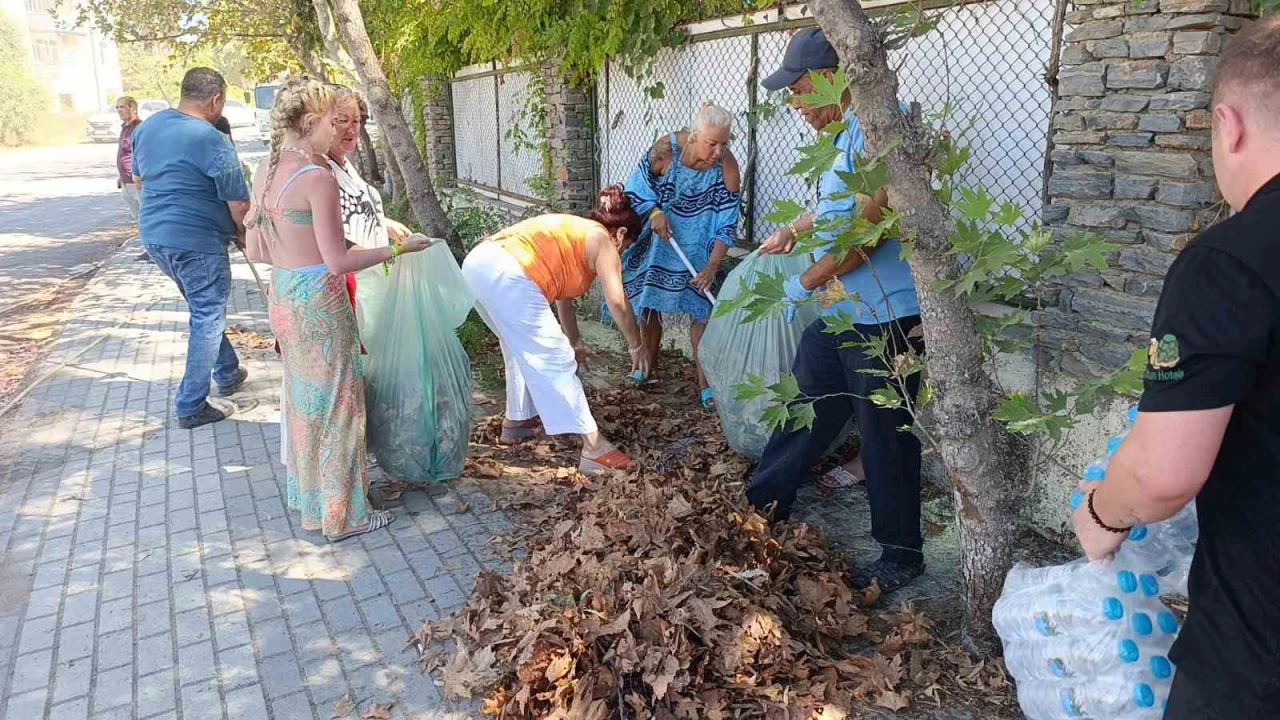 Turistler yangın sonrası otel çevresindeki kurumuş ot ve yaprakları temizledi
