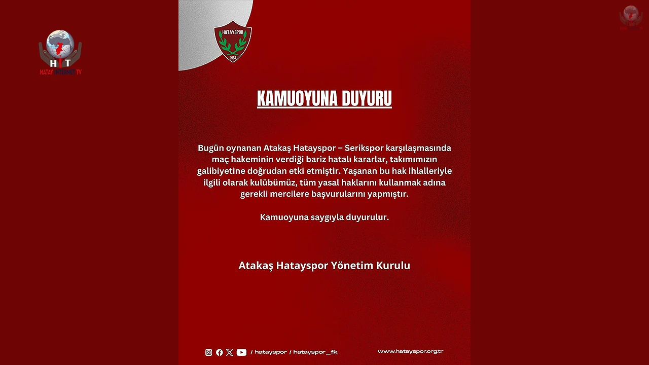 HATAYSPOR’DAN HAKEM KARARLARINA SERT TEPKİ