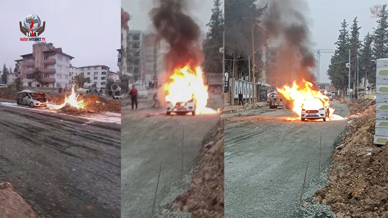 Şantiye çalışmaları esnasında zarar verilen doğalgaz borusundan çıkan alevlerle hafif ticari araç yandı