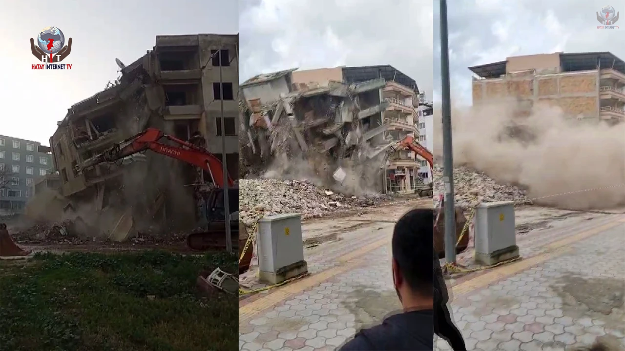 Hatayda hasarlı 5 katlı bina iş makinesinin darbesiyle yerle bir oldu