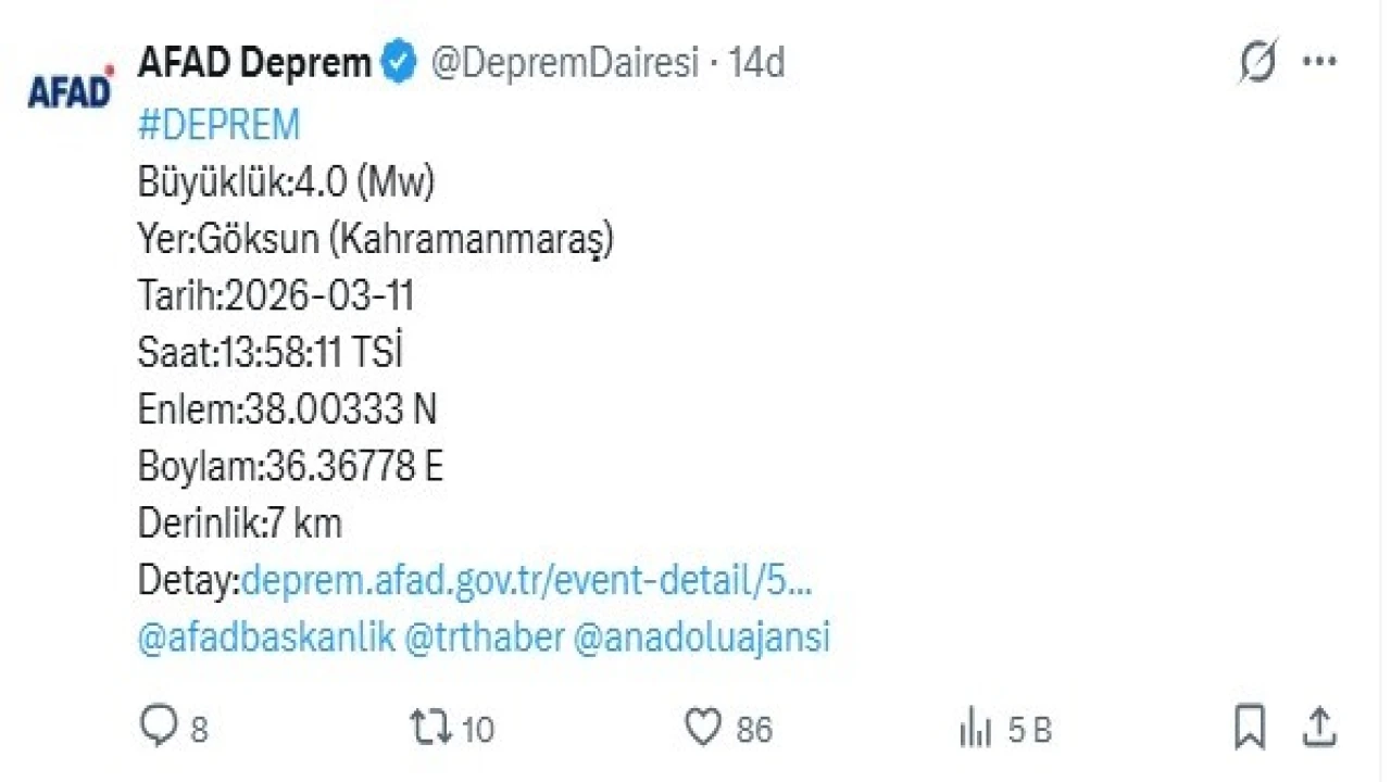 Kahramanmaraşta 4 büyüklüğünde deprem