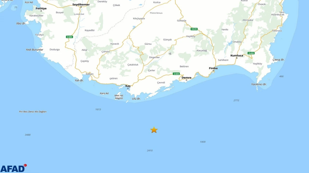 Kaş açıklarında 3.8 büyüklüğünde deprem meydana geldi