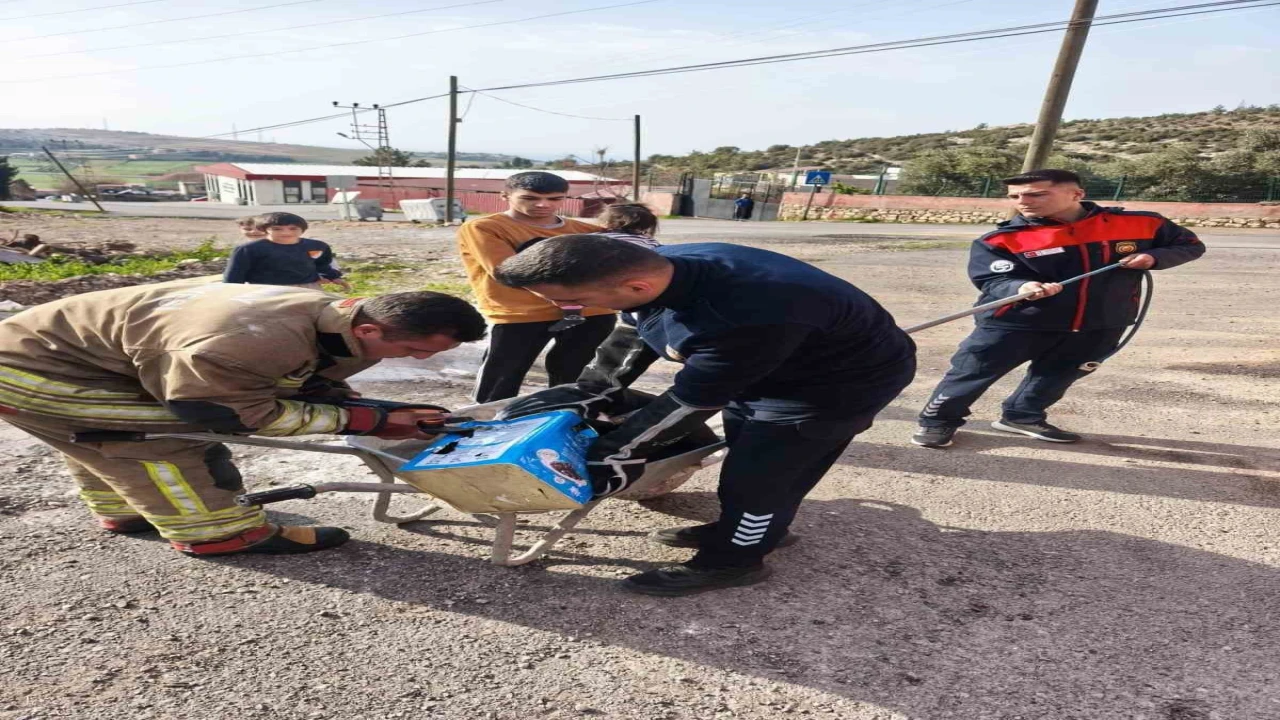 Mahsur kalan köpeklerin yardımına itfaiye yetişti