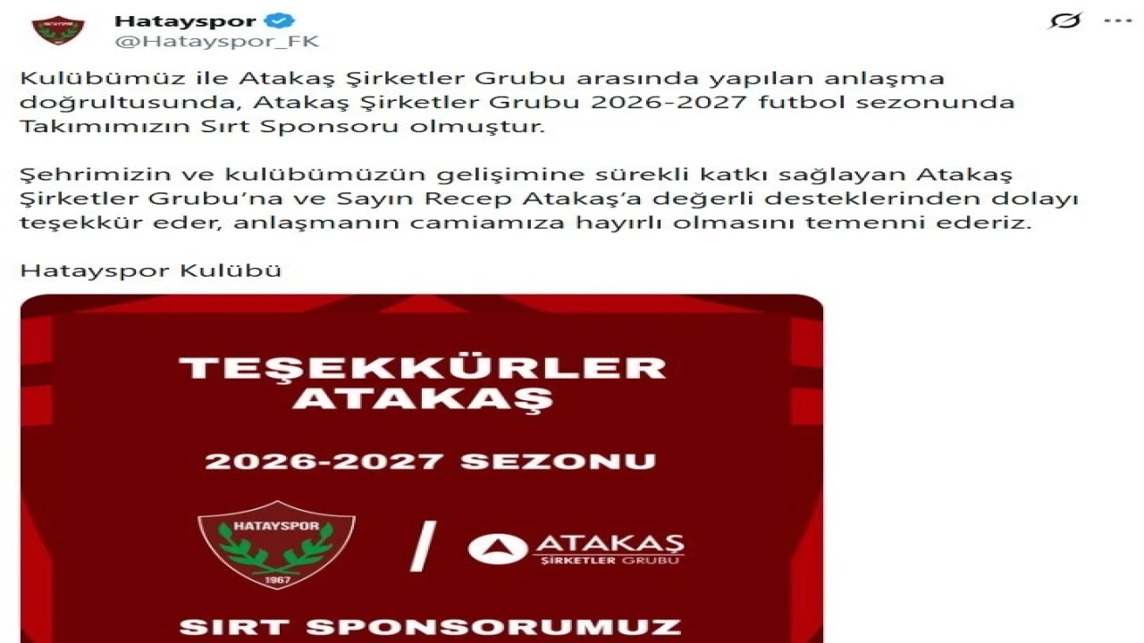 Atakaş Şirketler Grubu, Hatayspora sırt sponsoru oldu
