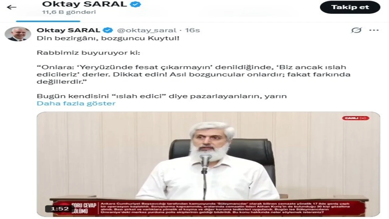 Cumhurbaşkanı Başdanışmanı Saraldan Kuytula tepki: Senin de suyun yeterince ısındı Kuytul