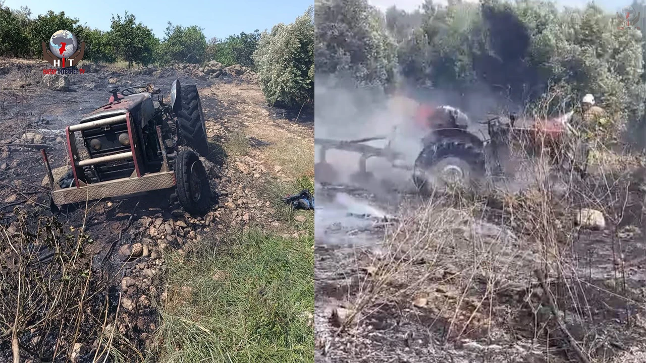 Erzinde otluk alanda çıkan yangında alevler traktöre sıçradı