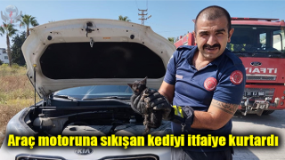 Araç motoruna sıkışan kediyi itfaiye kurtardı