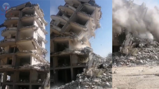 Mahkeme süreci sona eren 7 katlı binanın iş makinesinin darbesiyle yıkıldığı anlar kamerada