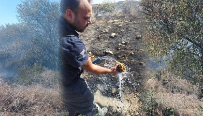 İtfaiyeciden yangının içinde kalan kaplumbağaya can suyu