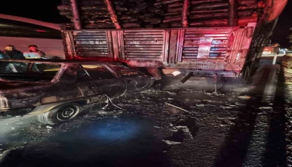 Tomruk yüklü tıra çarpan otomobil alev alev yandı: 1 ağır yaralı