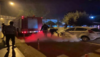 Park halinde otomobilde çıkan yangın söndürmek için mahalleli seferber oldu