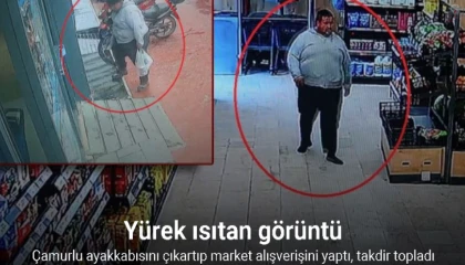 Çamurlu ayakkabısını çıkartıp, market alışverişini öyle yaptı o anlar kamerada