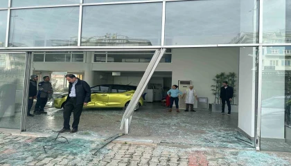 Alanyada şerit ihlali yapan otomobil showrooma daldı