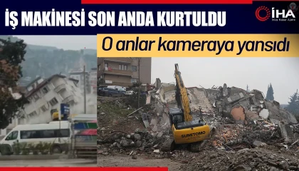 5 katlı binanın yıkımında iş makinesinin enkaz altında kalmaktan kurtulduğu anlar kamerada