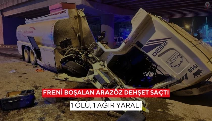 Freni patlayan arazöz otomobile ve üst geçit duvarına çarptı: 1 ölü, 1 yaralı