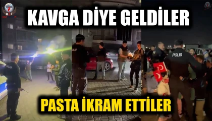 Konteyner kente kavga ihbarına gelen polisler pasta ve bayraklarla karşılandı