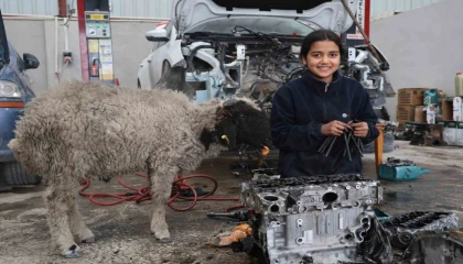 Oto tamirhanesinin 14 yaşındaki Nehir ustasının yeni mesai arkadaşı müşterisinin hediye ettiği kuzu oldu